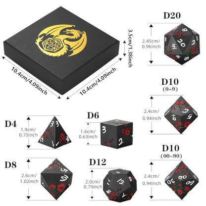 Metal Dice Set, Flat Face Red Plum Blossom Pattern, 7pcs Polyhedral Metal DND Dice Set, DND Starter Set, D&D Gifts with Gift Box, Role Playing Board Games Accessories, Black - color: Black With Gift Box