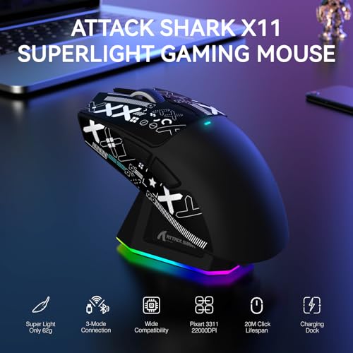 ATTACK SHARK X11 Wireless Gaming Mouse, PAW3311 Sensor, Lightweight, RGB Charging Dock, 22,000 DPI, Tri-Mode Connectivity, 5 Programmable Buttons, Grip Tape Included - Black - color: Black, size: Mouse and Anti-slip sticker