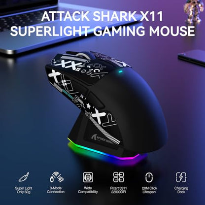 ATTACK SHARK X11 Wireless Gaming Mouse, PAW3311 Sensor, Lightweight, RGB Charging Dock, 22,000 DPI, Tri-Mode Connectivity, 5 Programmable Buttons, Grip Tape Included - Black - color: Black, size: Mouse and Anti-slip sticker