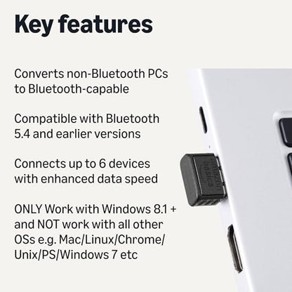Amazon Basics Bluetooth 5.4 USB Adapter Dongle for PC, USB Receiver for Bluetooth Mouse, Keyboard, Laptop, Works with Windows 11/10/8.1