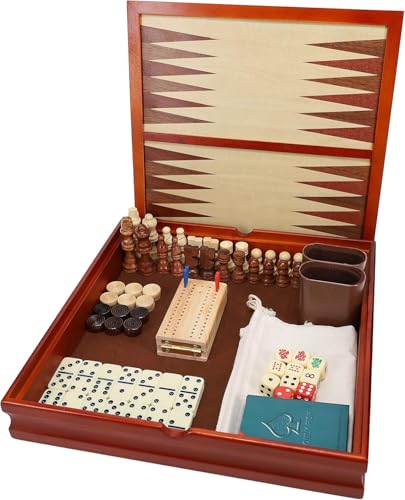 WE Games 7-in-1 Wooden Combo Game Set - Chess, Checkers, Backgammon, Dominoes, Cribbage, Dice & Cards, Walnut Wood 12 inch Combination Board Game Set for Adults