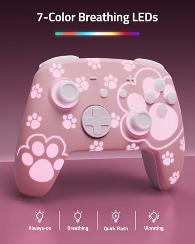 Switch Pro Controller Wireless Compatible with Nintendo Switch 2/OLED/Lite, Grily Hall Effect Controller, Firefly Bluetooth Remote Gamepad Controles Pink with 7 LED Colors/Paddle/Turbo- Cat Paw Pattern - color: Pink