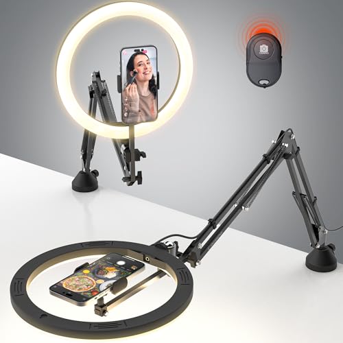 Upgrade Ring Light Overhead Phone Mount, 12”Circle LED Desk Ring Light with Clamp for Video Recording,Flexible Articulating Phone Arm Stand Compatible with iPhone,Live Streaming YouTube Tiktok - color: Black (with RingLight）