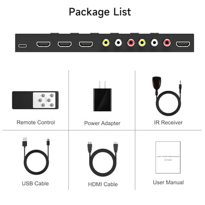 5 in to 1 Out RCA/HDMI Switcher，3 Way HDMI 2.0 + 2 RCA to HDMI Converter, Support 4:3/16:9 4K and 3D for PS1/2/3/4/5, N64, SNES, Switch, DVD, Roku, etc. - color: 5 in to 1 Out RCA/HDMI Switcher