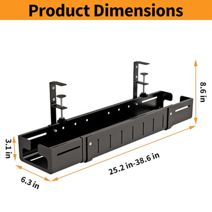 Under Desk Cable Management Tray, Expandable Length 25.2"-38.6",No Drill No Damage to Desk,Cable Tray with Clamp for with Wire Management,for Cord Organizer for Home Office Standing Desk, Black