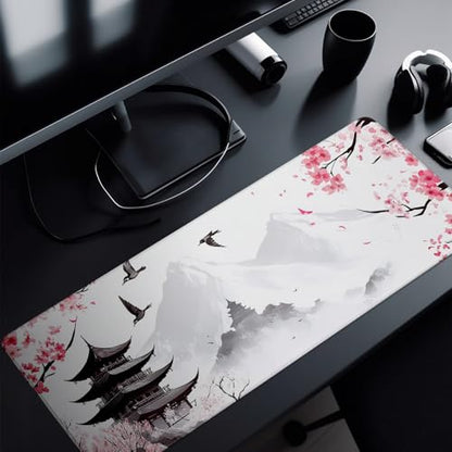 Retro Pagoda Cherry Blossom Watercolor Mouse Pad Abstract Big Mouse Pad 31.5x11.8 Inch Texture Non-Slip Rubber Base Large Mousepad Stitched Edges Keyboard Mouse Mat Desk Pad for Office and Home - color: Retro Pagoda Cherry Blossom