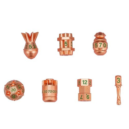 UDIXI RPG Metal Dice Set D&D, 7-Pieces Polyhedral Metal DND Dice Set Copper | Bomb Shape, Green Numbers, Solid Metal, Cool Design, Leather Pouch Packaging, for Dungeons and Dragons Role Playing Games - color: Copper Green