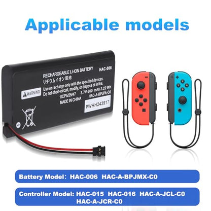 2pack HAC-006 Battery for Switch Joycon Controller Replacement for Nintendo | Compatible with Nintendo Switch Left & Right Joy Con Controller Battery Pack Lithium Ion 3.7V 600mAh Joy-Con HAC-015 HAC-016
