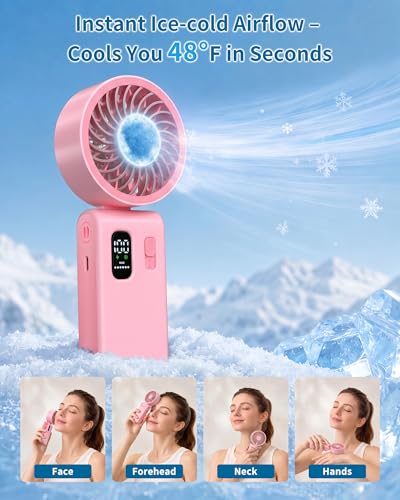 Portable Handheld Fan with Ice Cooling, 100 Speed Rechargeable Mini Desk Fan, Up to 12Hrs Cooling, Powerful Folding Personal Fan for Travel, Camping, Office (Pink) - color: Pink