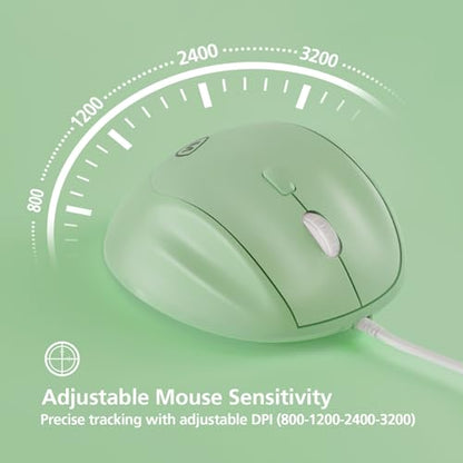 Micropack Ergonomic Mouse Wired for Laptop, PC Computer and Desktop, Ergo Mouse Vertical with Silent Clicks, Up to 3200 DPI Adjustable Mouse Sensitivity, Green - color: Green, size: Wired