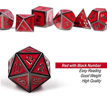 DnDnD Red D&D Game Dice,7 Die Polyhedral Metal Dice with Gift Metal Tin for RPG DND Dungeons and Dragons Dice Collector Board Game Player - color: Black Number Red