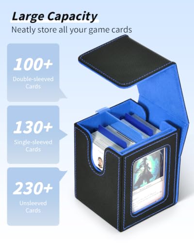 Card Deck Box with MTG Commander Display, Deck Case Holds 100+ Double-Sleeved Cards, Trading Card Storage Box Fits TCG/PTCG/Sports Card with 2 Dividers, Top Loaders (Black Blue) - color: Black Blue