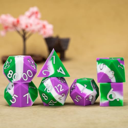 Silicone DND Dice, 7pcs Rubber Polyhedral D&D Dice Set, Sharp Edges Soft Perfect Bouncer for Dungeons and Dragons, RPG, MTG (D4, D6, D8, D10, D12, D20, D%) for Ages 15 and Up - color: Green White Purple