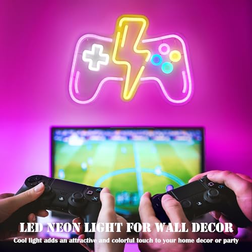 Pink LED Game Neon Sign Light for Gamer Room Decor USB Powered with Switch Gaming Accessories Acrylic Gamepad Neon Sign for Video Game Room Teen Girls Bedroom Wall Decor Gift Ideas for Gamer - style: Lightning Pink Gampad