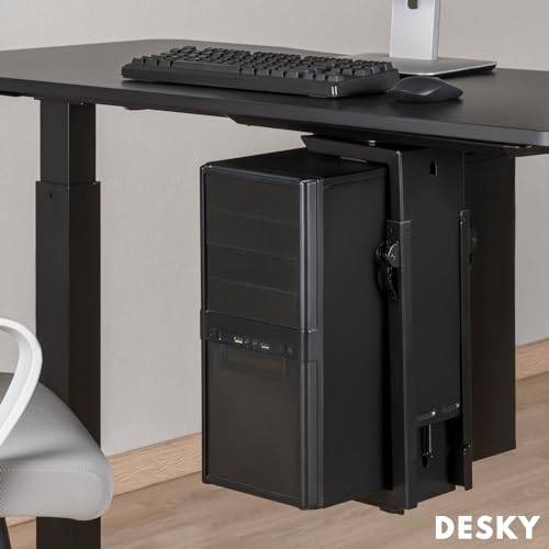 Desky Sliding CPU Mount – Under Desk Adjustable PC Holder with 360° Swivel & Slide Track, Fits Most Towers, Space-Saving Steel Bracket with Padding for Office or Gaming Setup – Black
