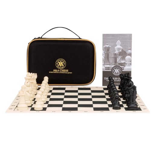 A&A Chess Set - 15''x15'' Foldable Silicone Chessboard and 3.25'' King Height Weighted Plastic Staunton Pieces with Carrying Case for Portable Travel