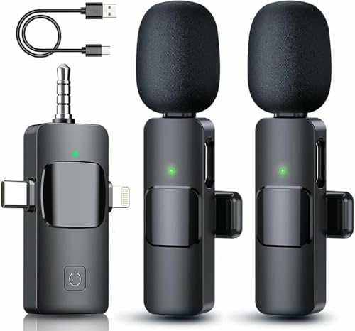 3 in 1 Wireless Lavalier Microphone for iPhone, Android, Camera, 12Hour Battery, Noise Reduction Recording Mic 2.4G Ultra-Low Delay, Mini Microphone for Vlog/TikTok/YouTube Live Stream(2 Mic)