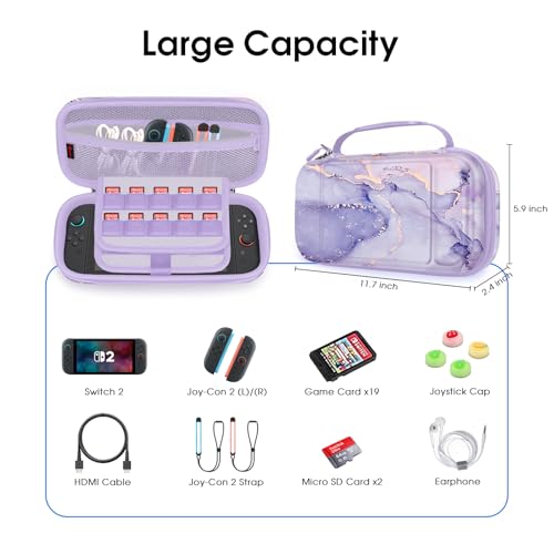 FINTIE Carrying Case for Nintendo Switch 2 (2025), Shockproof Hard Shell Switch 2 Case, Protective Cover Travel Bag with 19 Game Card & 2 Micro SD Card Slots & Inner Pocket, Lilac Marble - color: lilac marble