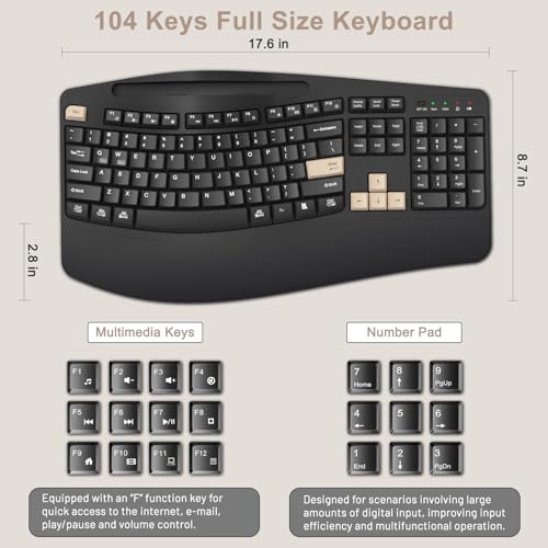 Wireless Keyboard and Mouse Combo, 2.4G Ergonomic Wave Keys(Latte Black) | Full Size Ergonomic Keyboard with Wrist Rest, Phone Holder, 3-Level DPI Silent Mouse with 6-Buttons,for Windows/Mac OS/Laptop - color: Latte Black