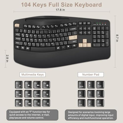 Wireless Keyboard and Mouse Combo, 2.4G Ergonomic Wave Keys(Latte Black) | Full Size Ergonomic Keyboard with Wrist Rest, Phone Holder, 3-Level DPI Silent Mouse with 6-Buttons,for Windows/Mac OS/Laptop - color: Latte Black