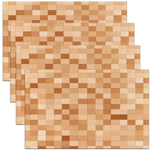 Pixelated Miners Blocks Kids Placemats Set of 4,Patchwork Square Video Games Table Place Mats,Geometric Patchwork Grid Kitchen Decor,Light Brown Placemat Kitchen Table Decoration 12"x18" - color: A-light Brown