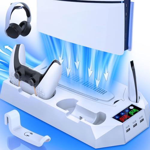 PS5/Slim/Pro Cooling Station for PlayStation 5 Console Disc/Digital Edition - PS5 Slim Pro Cooling Stand with Controller Charging Station Accessories-Cooler Fan/Headset Holder/3 USB Hub, White - color: 1-White