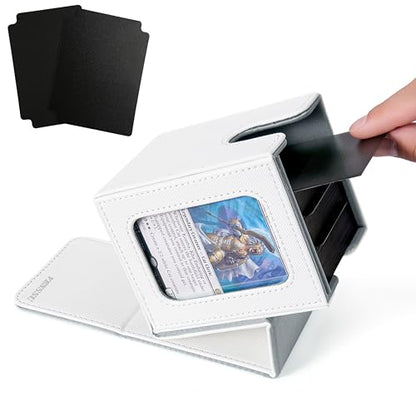 MTG Deck Box with Commander Display Window (White&Grey, 1 window) | Holds 120 Single/100 Double-Sleeved Cards, Fit MTG/PTCG/OPTCG Cards, Strong Magnet, PU Leather, With 2 Dividers & 1 Toploader - color: White and Grey