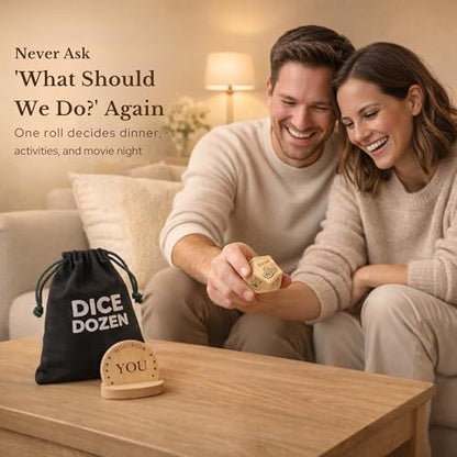 Date Night Dice, 3-in-1 Food, Dinner & Movie Decision Dice Game | Choose meals, movies & activities with every roll; great gift for couples, birthdays, anniversaries & holidays. - style: 3-in-1 Wooden Dice + Holder