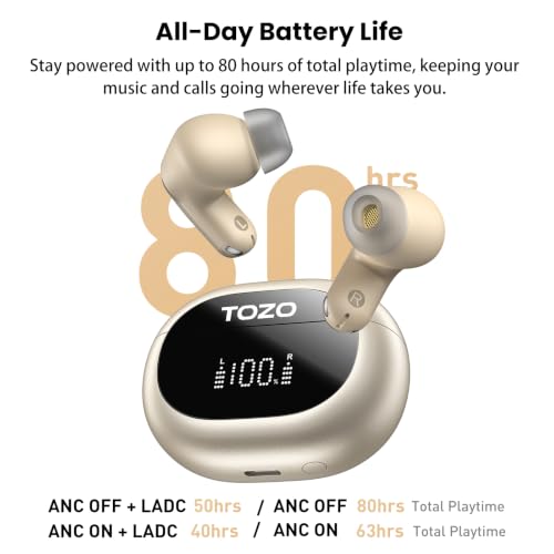 TOZO NC20 Active Noise Cancelling Wireless Earbuds LDAC Hi-Res Bluetooth | 6 Mics AI Call Ear Buds 80H Playtime, Dual Pairing, 32 EQ via App, IPX8 Waterproof, Wireless Charging Case - color: Matte Champagne