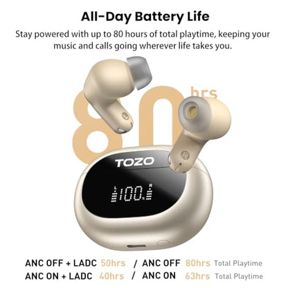 TOZO NC20 Active Noise Cancelling Wireless Earbuds LDAC Hi-Res Bluetooth | 6 Mics AI Call Ear Buds 80H Playtime, Dual Pairing, 32 EQ via App, IPX8 Waterproof, Wireless Charging Case - color: Matte Champagne