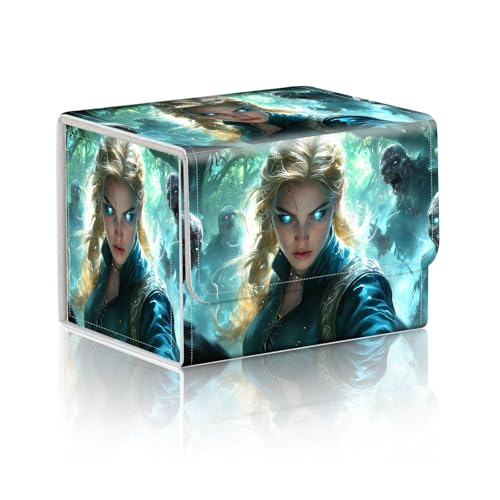 Trading Card Storage Box, Holds 100+ for MTG Cards, PU Leather with Magnetic Closure, Blonde Warrior Against Forest Zombies Durable Deck Box for Magic the Gathering, Trading Card Games - color: Blonde Warrior Against Forest Zombies