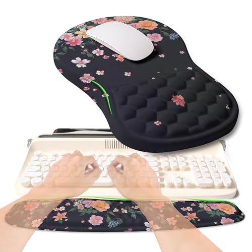 2-in-1 Ergonomic Set, Wave Rise Keyboard Wrist Rest and Massage Bulge Slope Mouse Pad Wrist Support, Cushion Memory Foam Integrated to Relieve Wrist Pain, Flower Dance - color: Flower Dance