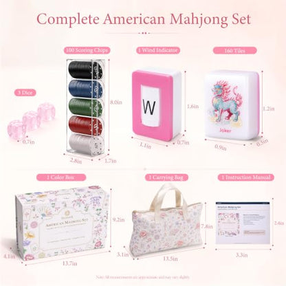160-Piece Pink Chinoiserie American Mahjong Tile Set for Beginners | 1.2 × 0.9 × 0.5 in, Melamine Tiles with Dice, Engraved Easy-Read Tiles, Game Nights, Storage Bag & Accessories, No Racks