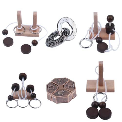 Wooden and Metal 3D Unlock Interlock Assorted Brain Teasers Puzzles，IQ Logic Training Family Game Party Favor Coffee Table Time Unlock Interlock Mind Puzzles Box（6Pcs） - size: 6A