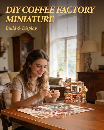 ROKR Moving Dream Coffee Factory DIY Miniature House Kit - 3D Wooden Puzzles for Adults with Music Box & LED Lights, No Glue Kinetic Model Building Kit, Unique Home Decor Gifts for Adults Women Men
