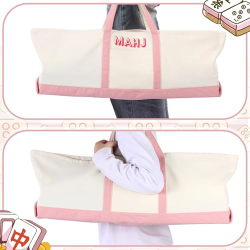 Mahjong Bag for Tiles and Racks Empty American Mahjong Tiles Carrying Tote 31.5 x 12 x 4 Inches Canvas Tile Games Accessories Gifts for Card Pushers Rack Mat Carrying, Case Only(Pink) - color: Pink