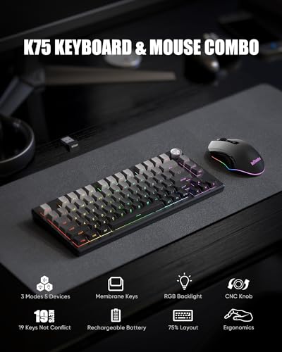 RedThunder K75 Wireless Membrane Keyboard & Mouse Combo,75% Side-Engraved Keycaps,Optical Gaming Mouse with 4800DPI,3 Modes(BT/2.4G/Wired),Dual System,RGB Backlit,Rechargeable Battery,Gradient Gray - color: Gray Gradient