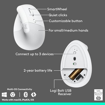 Logitech Wave Keys & Lift Vertical Mouse - Ergonomic Wireless Keyboard and Mouse Combo - with Cushioned Palm Rest, Easy-Switch, Bluetooth, for Multi-OS, Windows/Mac - Off-White - color: Off White, style: Right-Handed