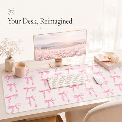 Pink Bow Desk Mat 35.4x15.7 Inch, Large Extended Mouse Pad with Coquette Bow Pattern, Non-Slip Waterproof Desk Pad for Home Office, Study & Aesthetic Setup (Pink Bow) - color: Pink Bow