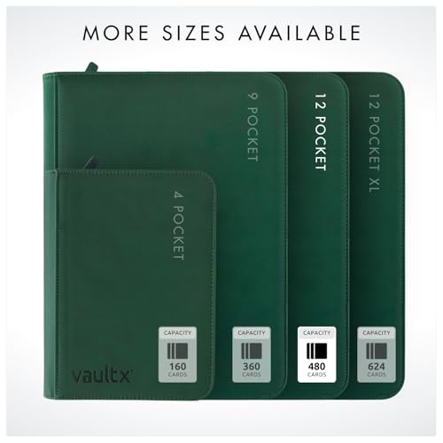 Vault X 12 Pocket Zip Trading Card Binder 480 Cards Exo-Tec (Green) | Holds 480 standard-size TCG cards in 20 side-loading 12-pocket pages. Padded, water-resistant Exo-Tec cover. - color: Green, size: 12 Pocket