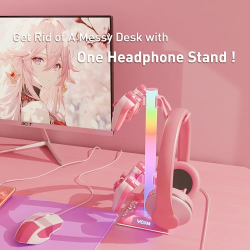 VCOM RGB Gaming Headphones Stand with 2 USB Ports, Pink Headset Stand with 10 Light Modes and Non-Slip Rubber, Suitable for PC Desk Accessories Gamers Gift(Pink)