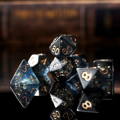Midnight Abyss Resin Dice Set for DND – 7pc Polyhedral Set with Gold Foil – Stunning and Cool RPG Dice for Dungeons & Dragons, and Other TTRPGs – Unique Natural Distribution - color: Midnight Abyss