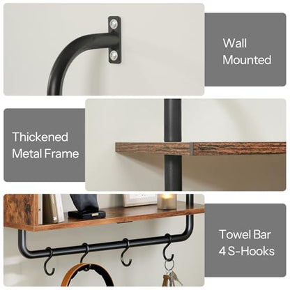 HOOBRO Floating Shelves with LED Lights, 29.5" LED Wall Mounted Gaming Shelf, 3-Tier Pipe Display Rack with Hanging Rod and 4 S-Hooks, for Storage Livingroom, Bedroom, Rustic Brown and Black BF21DBJ01 - color: Rustic Brown + Black