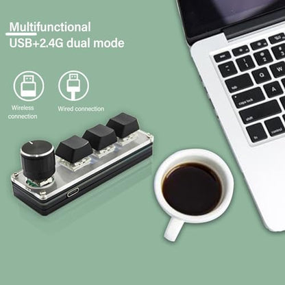 VINGVO Macro Keyboard, Programmable Mini Keyboard 3 Key USB 2.4G Programmable Keypad Customisable Knob with Mode Connection for Office Work, Gaming, Media