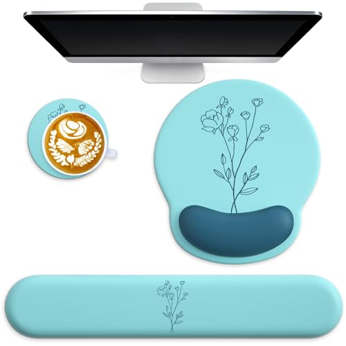 3 in 1 Ergonomic Mouse Pad and Keyboard Wrist Rest with Coaster Set-Blue | Cute Large Mousepad with Gel Wrist Support for Gaming Computer Laptop Women Office Home Desk Decor - color: C4-Blue with Little Flower