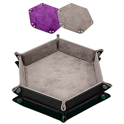 SIQUK 2 Pieces Dice Tray PU Leather Dice Trays Folding Hexagon Dice Holder Tray for Dice Games Like RPG, DND and Other Table Games (Gray and Violet) - color: Gray and Violet