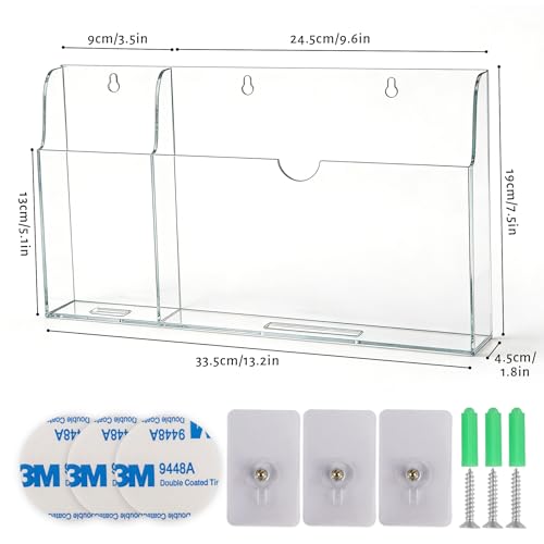 Acrylic Wall Mounted Phone Holder, Tablet Wall Mount with Charging Holes, 2 Slots Wall Remote Control Holder for iPad Kindle Laptop, Clear