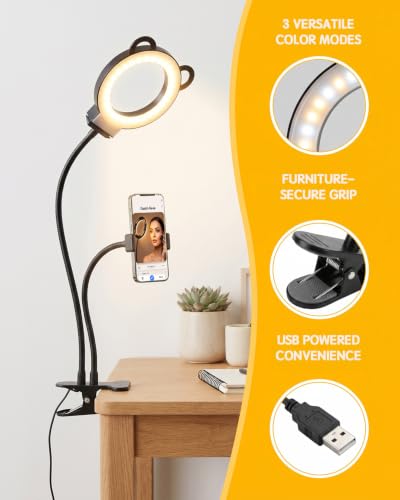 Desk Lamp, Ring Light for Laptop Desk Clip On, LED Reading Light with Clamp, Silicone Flexible Arm Book Light, Video Conference Lighting with Stand for Phone/Zoom Meeting/Video Call/Recording