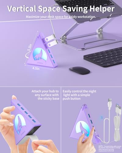 USB 3.0 Hub 7 Port, Vertical USB Splitter with RGB Lighting, 5Gbps High-Speed Data Transfer, 2FT Extension Cable, Tower USB Hub for PC, Laptop, MacBook, PS5, Xbox, Flash Drive, Printer (Light Purple) - color: Light purple