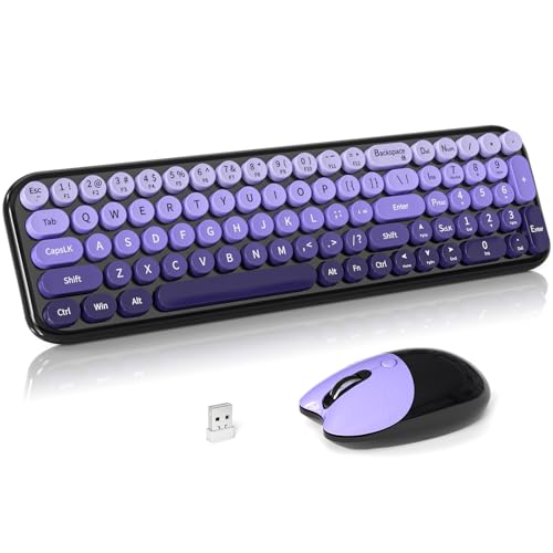 Wireless Keyboard and Mouse Combo, Meidosa 2.4GHz Colorful Full-Size Retro Typewriter Keyboard with Cat Shape 3 Level Adjustable Optical Mouse for PC/Desktop/Laptop/Windows (Black Purple) - color: Compact Black Purple Colorful